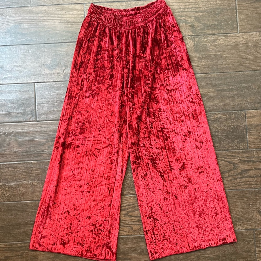 All red wide leg fuzzy velvet flared out pants